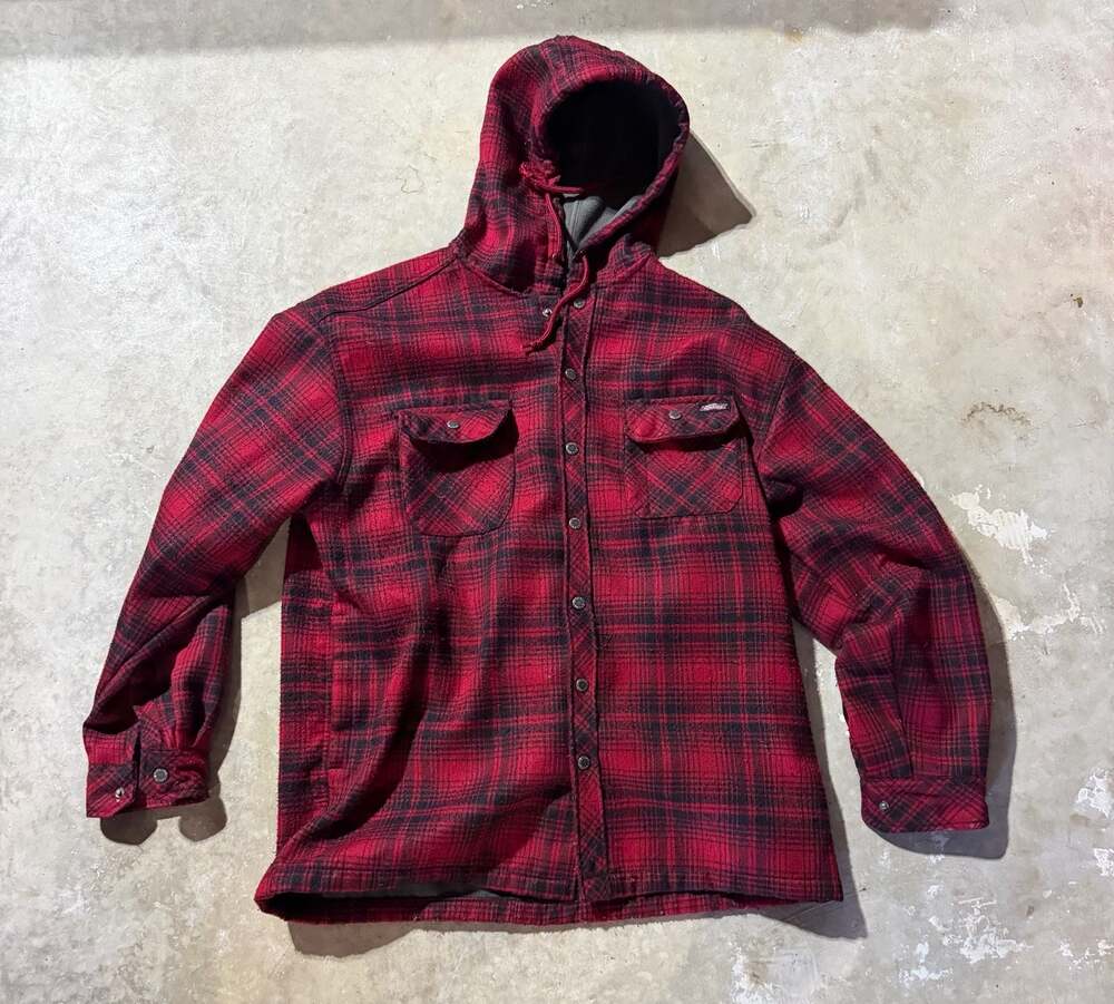 Genuine Dickies Men's Red and Black Plaid Fleece Lined Hooded Shirt Jacket